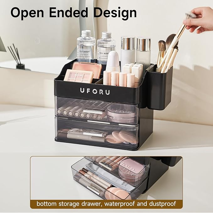 Makeup Organizer for Vanity with Brush Holder, Countertop Organizer with 2 Drawers, Spacious Cosmetic Display Case for Beauty Essential, Skincare, Lipstick