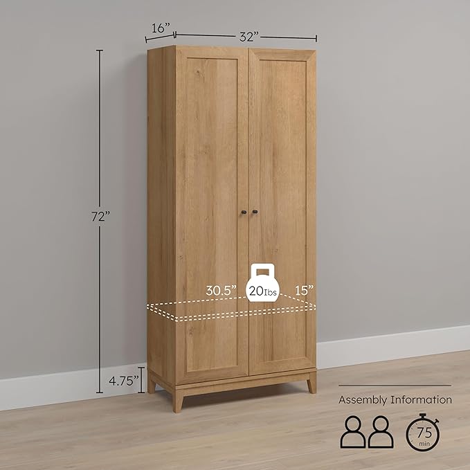 Prepac Yaletown 72" Tall Storage Cabinet with Wood Legs, Pantry Cabinet with 3 Adjustable Shelves, Bathroom, Kitchen and Home Organization in Natural Oak, 16" D x 32" W x 72" H
