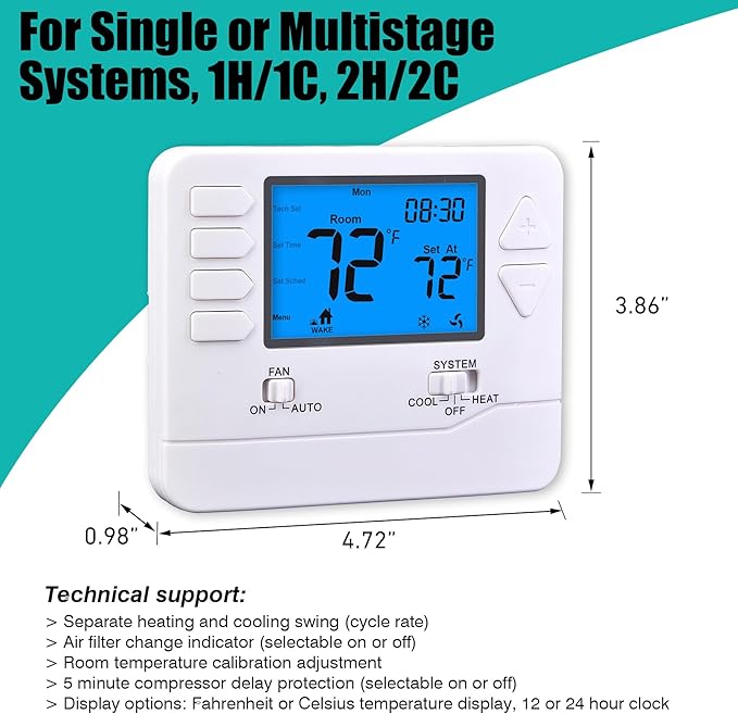 Suuwer 5-1-1 Day Programmable Thermostats for Home 2 Heat/ 2 Cool Conventional Multistage Systems
