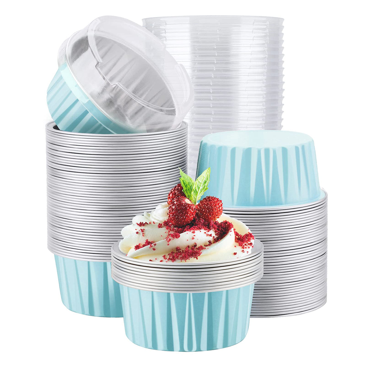 EUSOAR Cupcake Liners for Baking, 50pcs 5oz Muffin Liners, Disposable Foil Ramekins, Dessert Containers, Aluminum Foil Baking Cupcake Cups Holders Pans with Lids 5 Colors Mixed