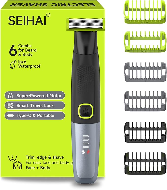 SEIHAI Body Hair Trimmer for Men, Painless Electric Beard Trimmer, Groin Trimmer for Pubic Hair, Chest, Legs, Bikini, Waterproof & USB-C with Self-Sharpening Blade Technology, with 6 Combs