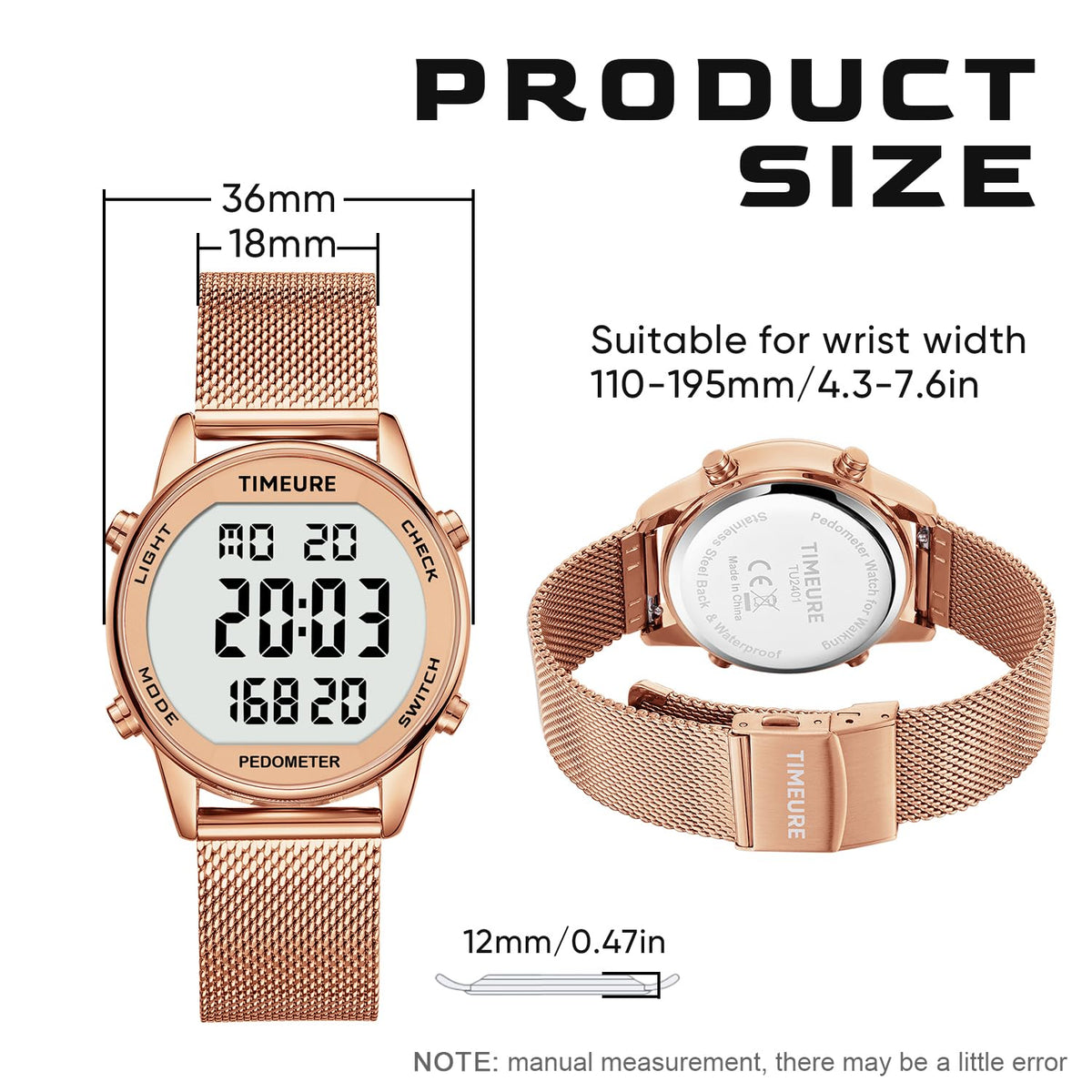 TIMEURE Pedometer Watch for Women, Step Counter Watch, No App or Charging