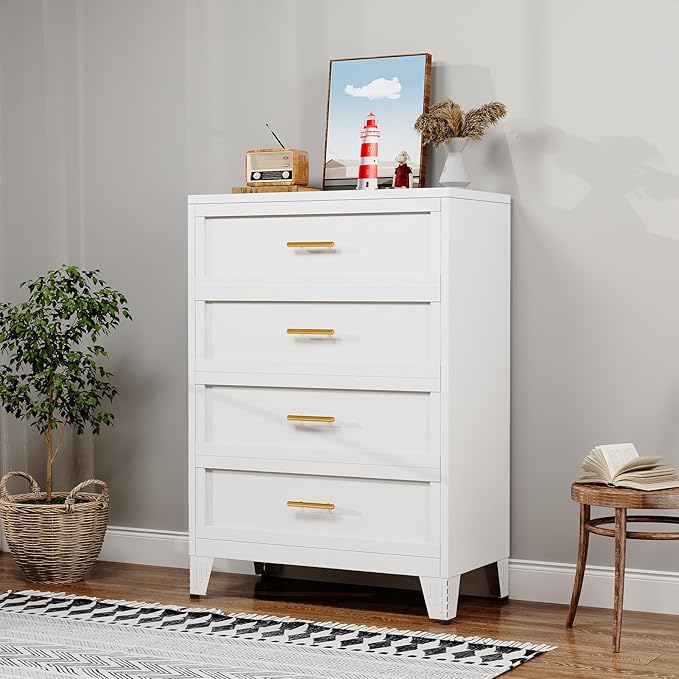 43.11" Tall Metal Dresser for Bedroom, 4 Drawer White Dresser Chest with Gold Handles, Closet Dressers Chests with Fluted Panel, Vertical Storage Cabinet for Living Room, Entryway, Hallway