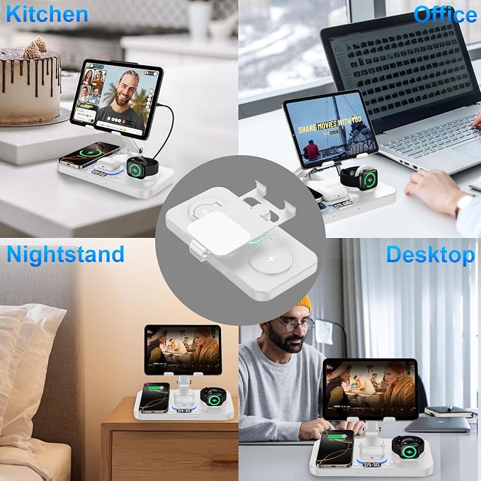 6 in 1 Wireless Charger for Apple Device 30W Foldable Wired Charging for ipad with Clock &amp 7 Color Ambient Light Nightstand Charger Station for iPhone 17