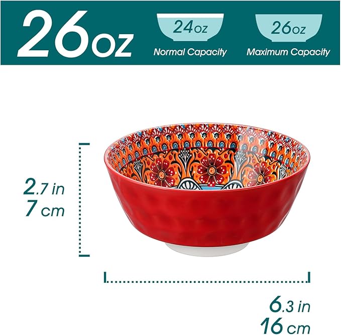vancasso 26oz Cereal Bowls Set of 6, Boho Ceramic Soup Bowls with Colorful Bohemian Pattern, Microwave & Dishwasher Safe Serving Bowls for Salad, Oatmeal, Pasta, KRVI Series