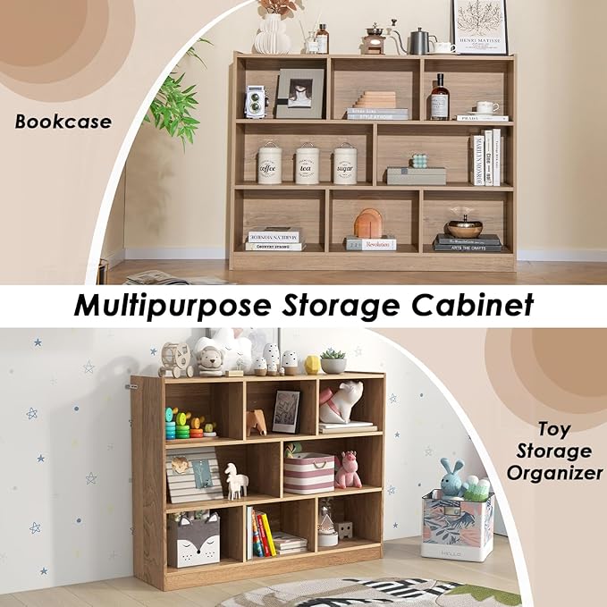 NAFORT 8-Cube Organizer Storage Cabinet, 3-Tier Bookshelf,Low Displaycase, Wooden Bookcase for Bedroom/Preschook/Classroom/Office, Natural