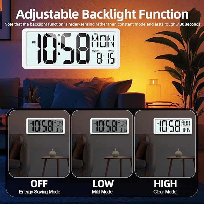 XREXS Large Digital Wall Clock Battery Operated with Backlight, 15" LED Large Display Timer with Temperature Date Week Auto DST Adjustable Brightness, Alarm Clock for Classroom, Livingroom, Office