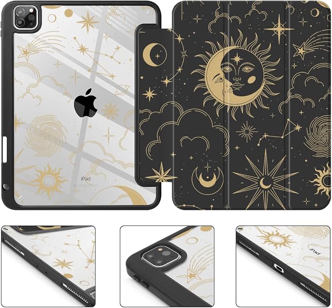 Tuiklol for iPad Pro 11 Inch 4th / 3rd / 2nd / 1st Gen (2022 2021 2020 2018) Case -Built-in Pencil Holder Shockproof Cover Clear Transparent Back Shell with Auto Wake/Sleep Black Flower