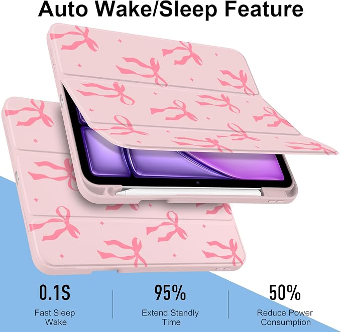 MecBevia Case for iPad Air 11-inch M4 2026 / M3 2025 / M2 2024 | Built-in Pencil Holder Shockproof Clear Hard Back Trifold Stand Auto Wake/Sleep Blue Bow
