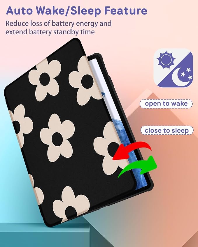 Wazzasoft for Samsung Galaxy Tab S7/S7 Plus/S8 Plus Case - 12.4 Inch Folio Cover with Pencil Holder - Women/Girl Cute Girly Black Flower Unique Design - Rotating Tablet Case