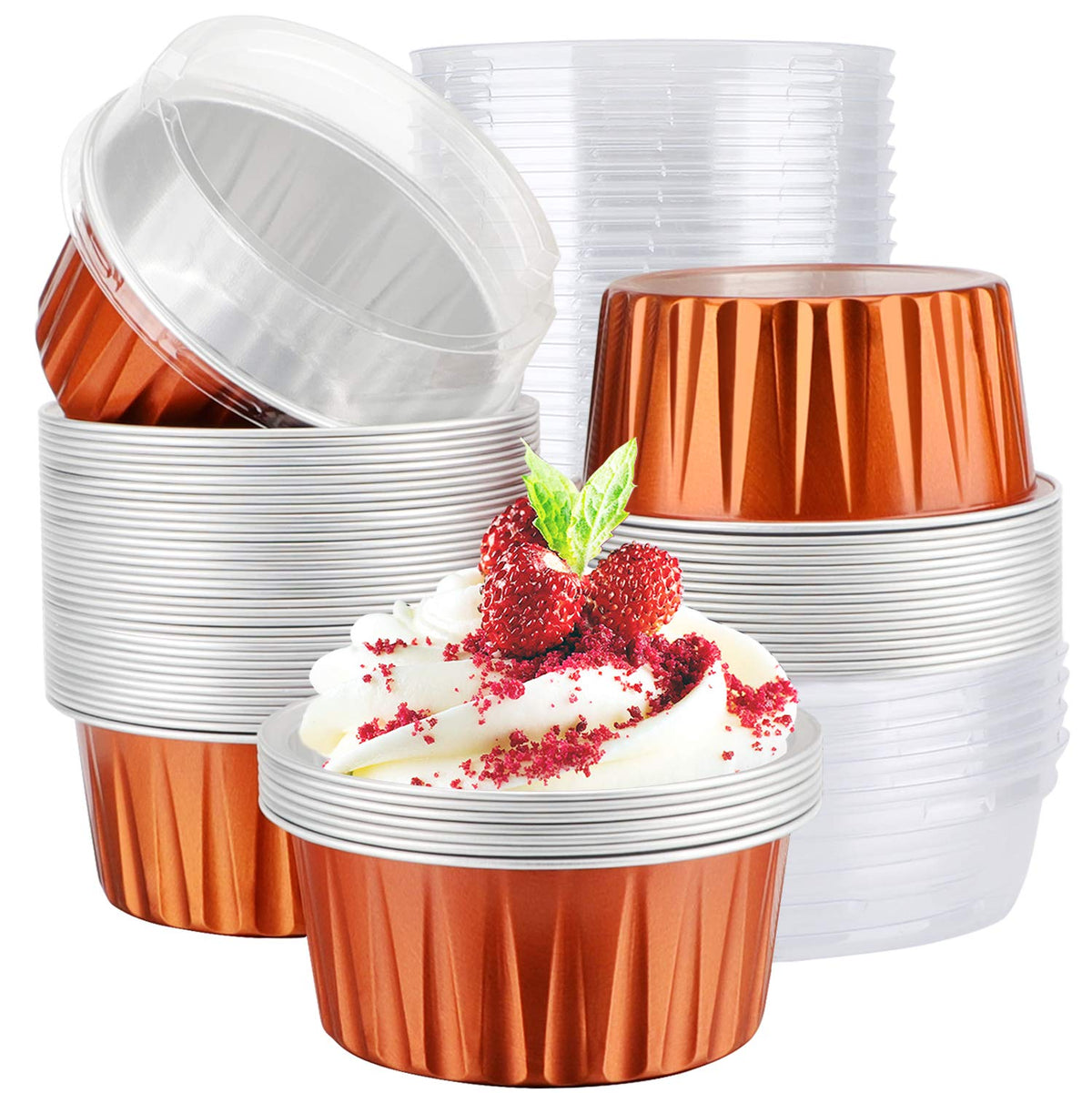 EUSOAR Cupcake Liners for Baking, 50pcs 5oz Muffin Liners, Disposable Foil Ramekins, Dessert Containers, Aluminum Foil Baking Cupcake Cups Holders Pans with Lids 5 Colors Mixed
