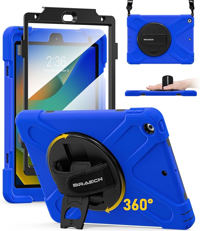 BRAECN Case for iPad 9th/8th/7th Generation - 10.2 inch 2021/2020/2019 | Heavy Duty Protective Cover with Carrying StrapHand StrapScreen ProtectorSwivel Stand Fit 10.2 inch iPad 7/iPad 8/iPad 9
