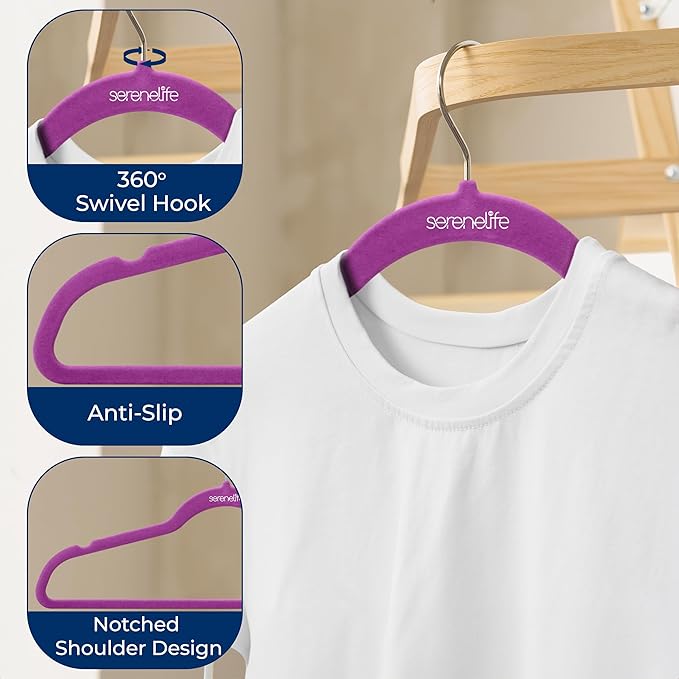 SereneLife 20 Pack Velvet Hangers – Non-Slip Clothes Hangers with Heavy Duty Design, Slim Space-Saving Coat Hangers with 360° Swivel Hook, Strong Lightweight Closet Organizer Set for Clothes (Purple)