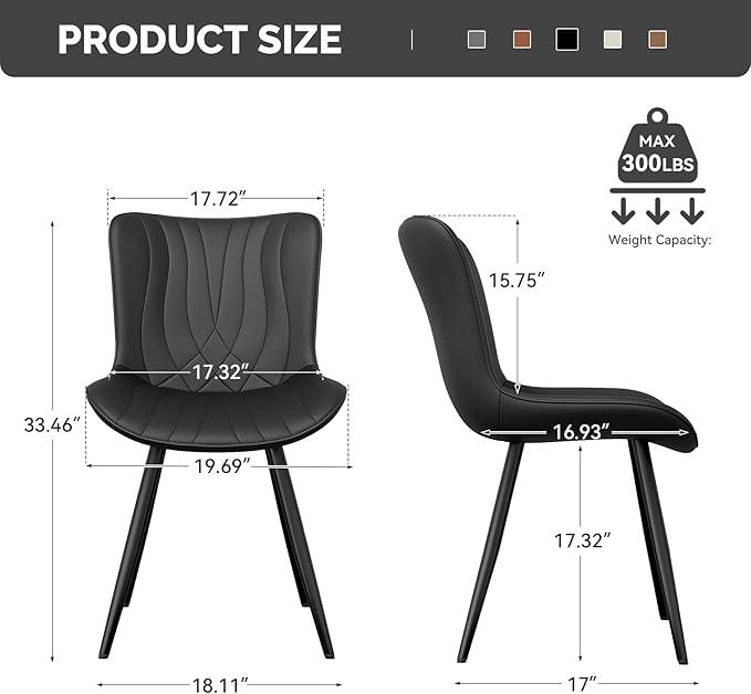 Dining Chair Set of 2 PU Leather Dining Room Chairs Upholstered Comfy Dining Chairs Modern Kitchen Armless Side Chair with Sturdy Metal Legs,Black
