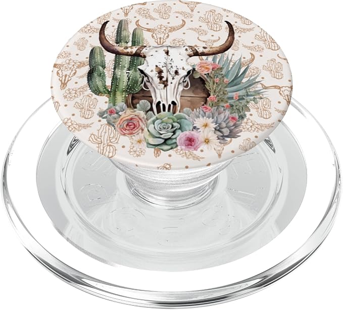Western Boho Chic Longhorn Bull Skull Cactus Beige Pattern PopSockets Adhesive PopGrip