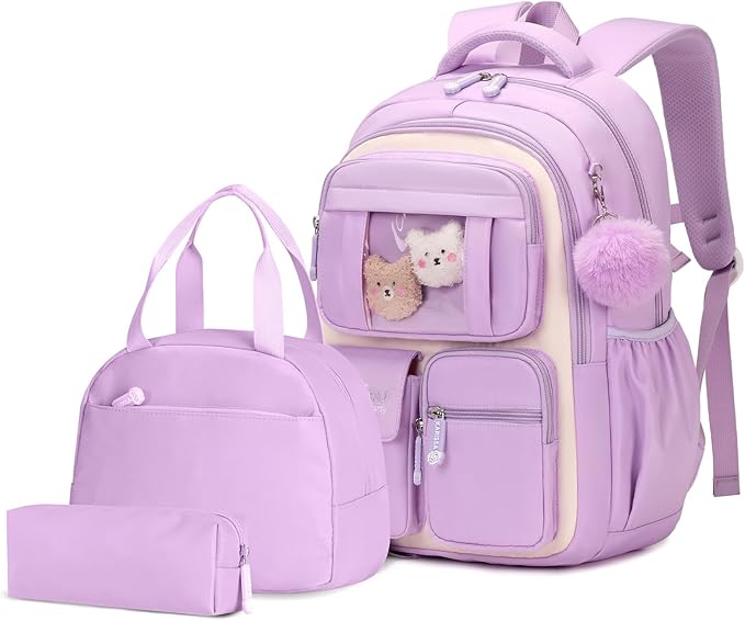 Girls Backpack with Lunch Box 3Pcs, Kawaii School Bag Set for Kid Elementary Middle School, Multi-Pocket Cute Laptop Bookbag Lightweight, Purple