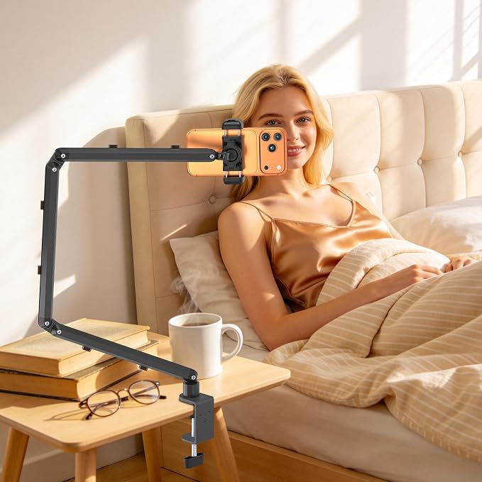 Wall Mount Phone HolderPhone Holder for Desk Bed3-Stage Aluminium iPhone StandFoldable Extendable Arms Heavy Duty Drilling BaseCompatible with 3.5~7.5 iPhone/HTC/LG/Huawei/Galaxy/Smartphones