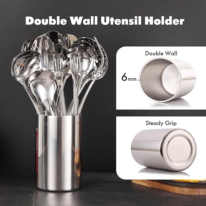 18/10 Stainless Steel Kitchen Utensils Set with Holder for Countertop