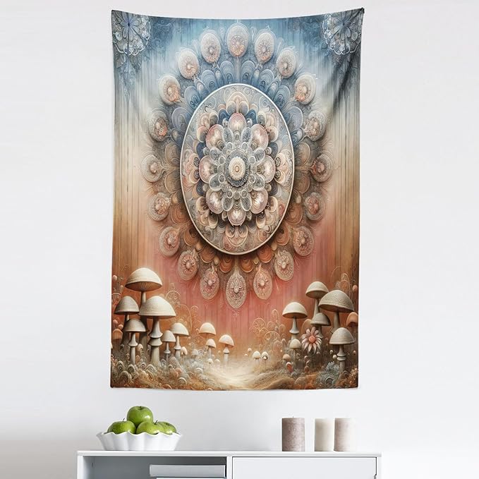 Ambesonne Hippie Tapestry, Fantasy Vibes Mushroom Jungle with Oriental Vibes Mandal Print Peacock, Fabric Wall Hanging Decor for Bedroom Living Room Dorm, 30" X 45", Pale Ruby Blue Grey Ecru