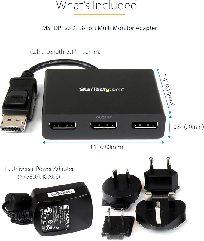 StarTech.com 3-Port DisplayPort 1.2 Splitter, DisplayPort to 3x DP Multi-Monitor Adapter, Dual 4K 30Hz and 1080p 60Hz Computer MST Hub, Windows Only (MSTDP123DP)