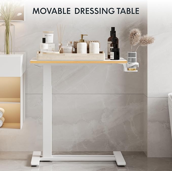 FLEXISPOT Mobile Standing Desk with Wheels Pneumatic Laptop Desk Rolling Computer Cart Movable Height Adjustable Small Sit Stand Desk Computer Workstations Home Use（27.6" W x 15.7" D,White+Maple