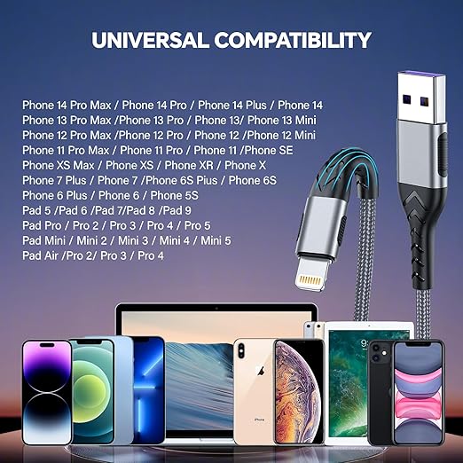 AWIC Compatible with i Phone, USB A to Lightniing Cable, 3Pack 10FT Long Fast Charging Cord Braided Appple Phone Cable for i Phone 14 13 12 11 Pro Max XS XR and More - Grey