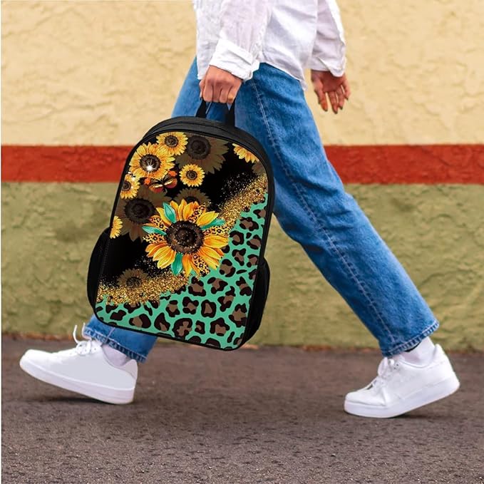CLOHOMIN Sunflowers Backpack with Lunch Bag Leopard Print Children Book Bag Set of 3 Girls Boys Pencil Case Leakproof Lunch Box for Kids Elementary School Bags and Cooler Bags