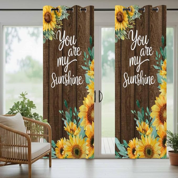 Summer Outdoor Curtains for Patio Sunflowers Eucalyptus Leaves Wood Waterproof