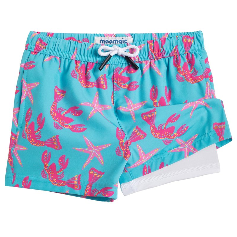 maamgic Boys Swim Trunks with Compression Liner Toddler Boy Swimsuit Quick Dry 4-Way Stretch Swimming Trunks Sea World Acid Blue 7 Years