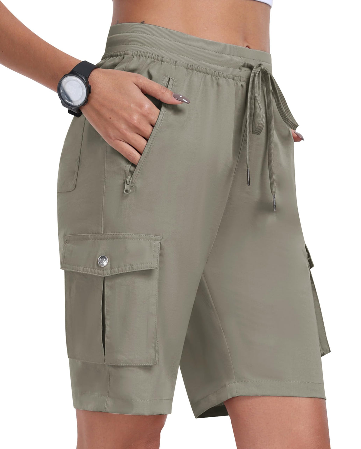 MoFiz Womens Shorts with Pockets Loose Fit Casual Cargo Shorts Lightweight Ladies Hiking Shorts Grey Khaki M