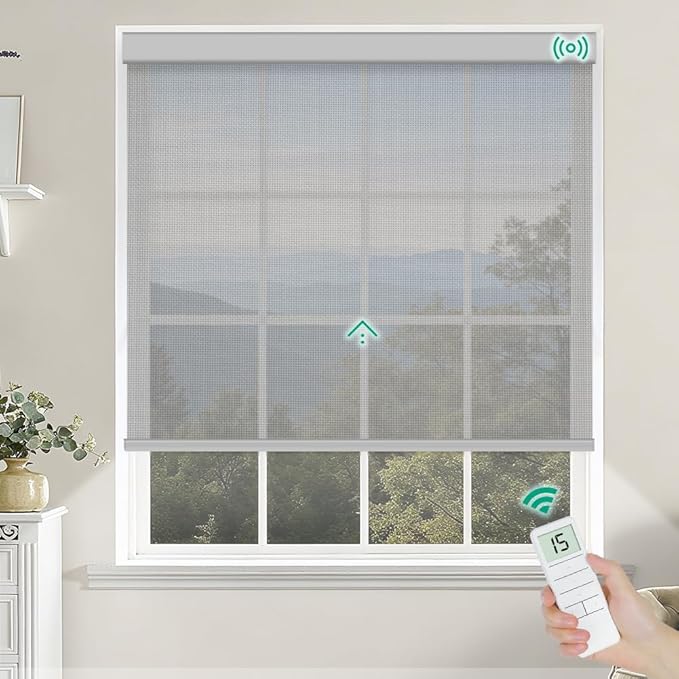 Kilonity Motorized Roller Shades, Light Filtering Remote Control Custom Window Shades Compatible with Alexa Google Assistant via RF Hub, Rechargeable Electric Blinds for Windows (Fireproof Grey)