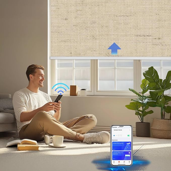 COOLWINDS Motorized Blinds with Remote Cordless Automatic Motorized Shades Custom Blinds for Windows Smart Curtains Compatible with Alexa Google Home(Blackout Linen Soft Dunes,W26 x H72in)