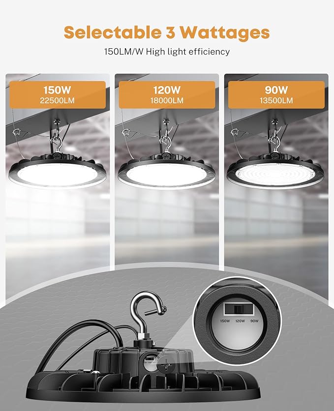 UFO LED High Bay Lights 150W 22500LM, 5000K 0-10V Dimmable High Bay Led Shop Lights AC100-277V with 5' Cable Plug, ETL Listed High Bay Light for Warehouse Garage Factory Gym Workshop Barn