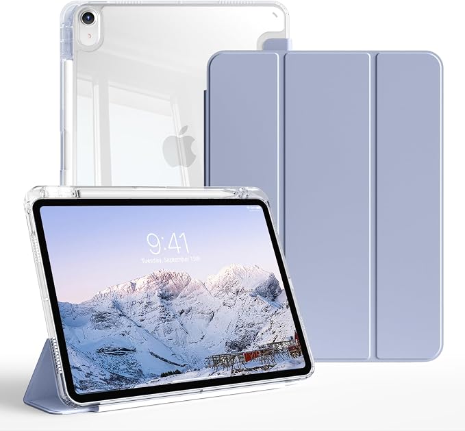 Case for iPad Air 11 Inch M4/M3/M2 Air 5th/4th Gen 10.9 Black | Pencil Holder Slim Trifold Stand Cover Clear Hard Back Shell Auto Sleep/Wake