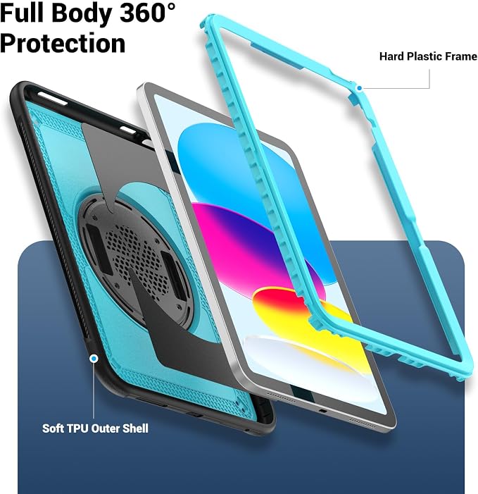 Case for iPad (A16) 11th Generation 11 inch 2025 Lightweight Rugged Dual-Material Design 360° Rotating Adjustable Leather Hand Strap Foldable Kickstand Durable with Full ProtectionBlue