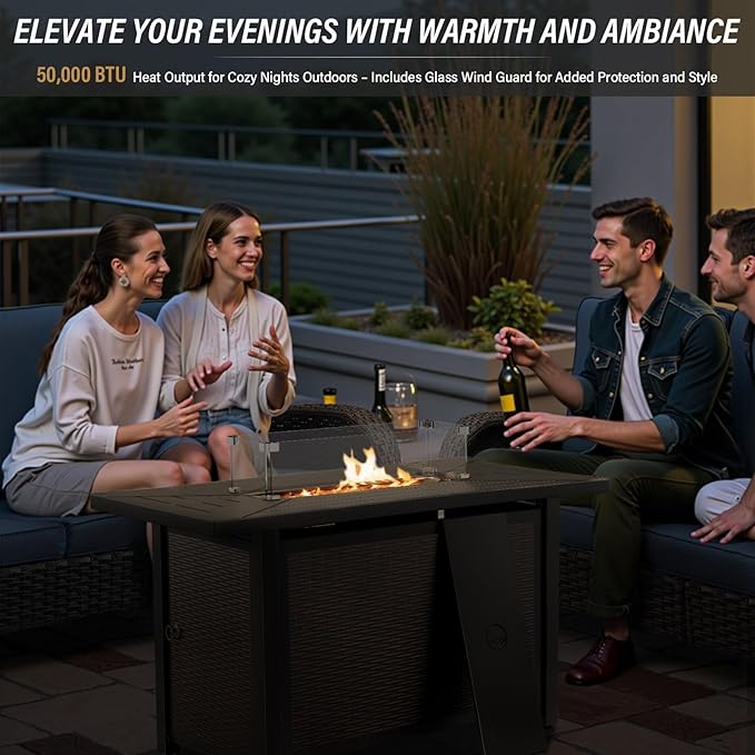 Belord 50000 BTU Propane Fire Pit Table - 43 Inch CSA-Certified Outdoor Fire Table with Lid and Glass Wind Guard 2 in 1 Rectangular Fire Pit Table for Patio Deck Garden and Outdoor Ambiance