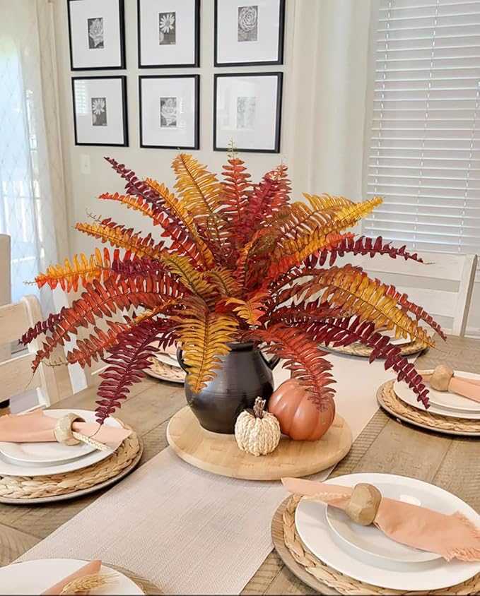 Fall Ferns Artificial Plants 37 Fronds Faux Ferns for Outdoor Planter Fake Fall Leaves Stems Artificial Fern Bouquet Silk Autumn Shrubs for Table Centerpiece Porch Vase Home Garden Thanksgiving Decor