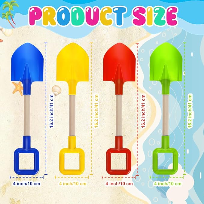 Honoson 12 Pack 16 Long Beach Spades Sand Shovels Toys Gardening Tools Sets Sandbox Sturdy Scoop Durable Wood Handle ABS Plastic Spade for Garden Sand Snow Backyard Summer Favors (Bright Color)