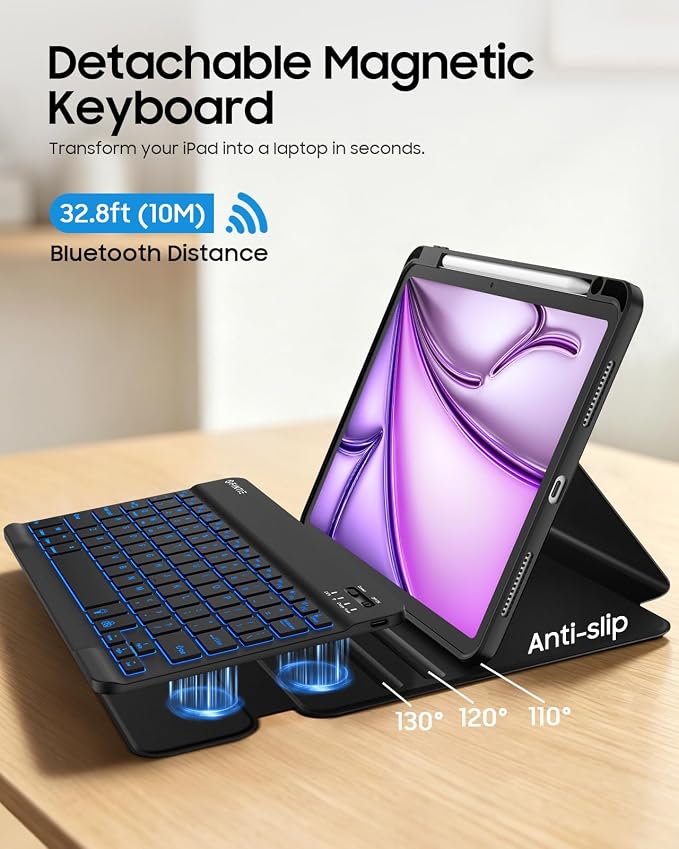 Fintie Rotating Keyboard Case for iPad Air 11-inch iPad Air 5/4 Black | 7 Colors Backlit Detachable Magnetic Wireless Bluetooth Keyboard Soft TPU Back Cover Fit iPad Air 5/4th Generation 10.9 in
