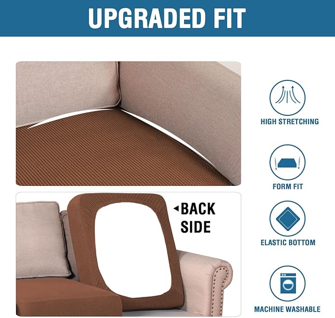 H.VERSAILTEX Super Stretch Individual Seat Cushion Covers - Sofa & Couch Cushion Slipcover Sets - Thick Jacquard Textured Twill Fabric (3 Piece XL Sofa Cushion Covers, Caramel)