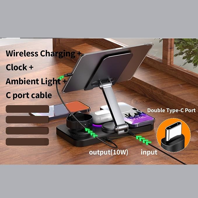 6 in 1 Wireless Charging Stand for iOS Devices with Alarm Clock and Ambient Lights for iOS 16 15 14 Phone and Watch Series 1 to 10 (Black)