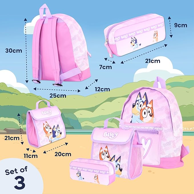 Bluey Backpack Set for Girls – 3 Piece Childrens and Toddlers Kids School Bag with Lunch Box and Pencil Case