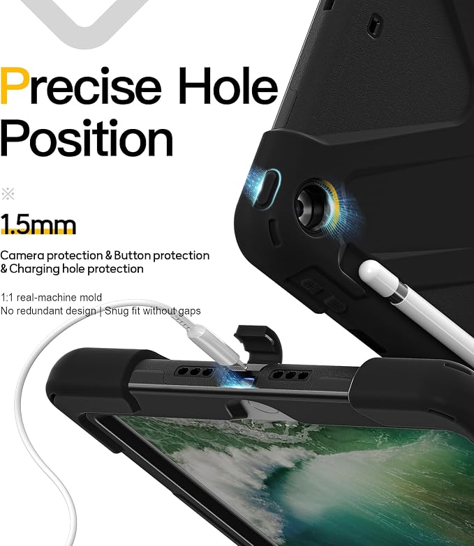 BRAECN Case for iPad 6th/5th Generation - 9.7 inch 2018/2017 Black | Protective Heavy Duty Shockproof Rugged Cover for Kids/Adults 360° Rotating Hand Strap/Stand &amp Detachable Shoulder Strap
