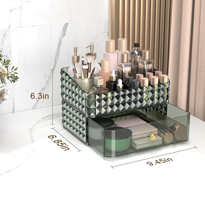Makeup Organizer for Vanity, Stackable Cosmetics Organizer and Storage, Cosmetic Display Cases with 1 Drawers and 1 Tray for Makeup Brush, Hair Accessories, Lipstick and Jewelry, Green
