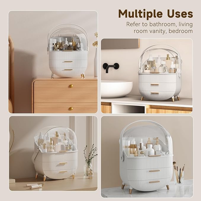Makeup Organizers, Make Up Organizers for Vanity, Countertop Cosmetic Storage with Drawers and Transparent Cover for Bedroom Bathroom(White)