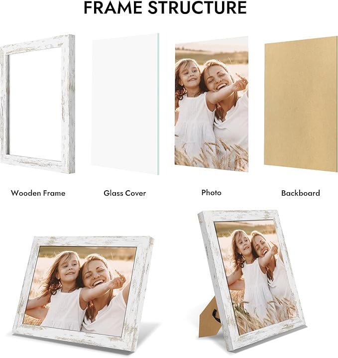 8x10 Picture Frame, Made of Real Glass and Wooden Frame, Horizontal and Vertical Display for Wall or Tabletop (Distressed White, 1 Pack)