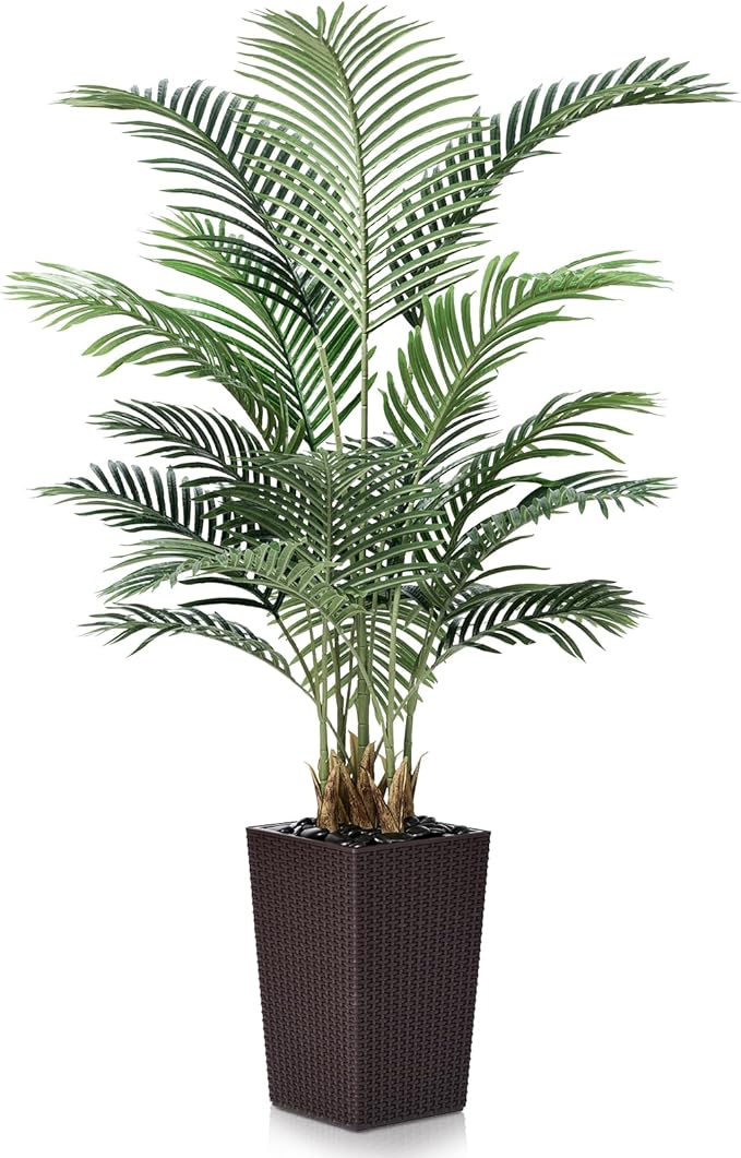 5FT Artificial Palm Tree - Tall Fake Tree with Brown Taper Planter & Pebbles, UV Resistant for Indoor & Outdoor Decor - Large Potted Faux Plant for Living Room, Office, Home Decor,VN130