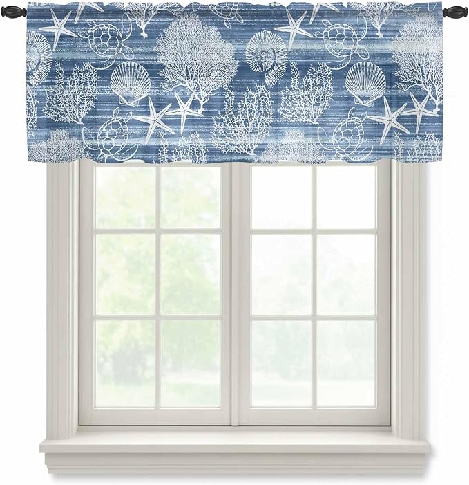 Navy Blue Retro Summer Sheer Valance Curtains, Sea Turtle Starfish Coral Ocean