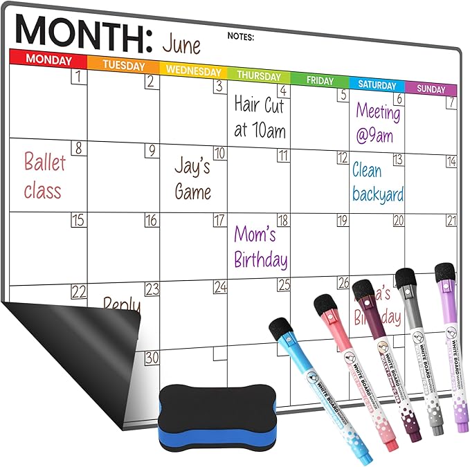 Refrigerator Calendar Magnetic Dry Erase - 17" x 12" Magnet Calendar for Fridge, Monday Start | Family Schedule Board, to-Do List & Work | Include 5 Markers & Eraser by Freedom Mastery