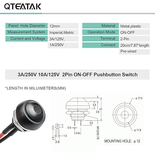 QTEATAK 1/2"(12mm) Pre-Wired Mounting Hole On/Off Mini Round Waterproof Momentary Push Button Switch JF-33B -2Pack